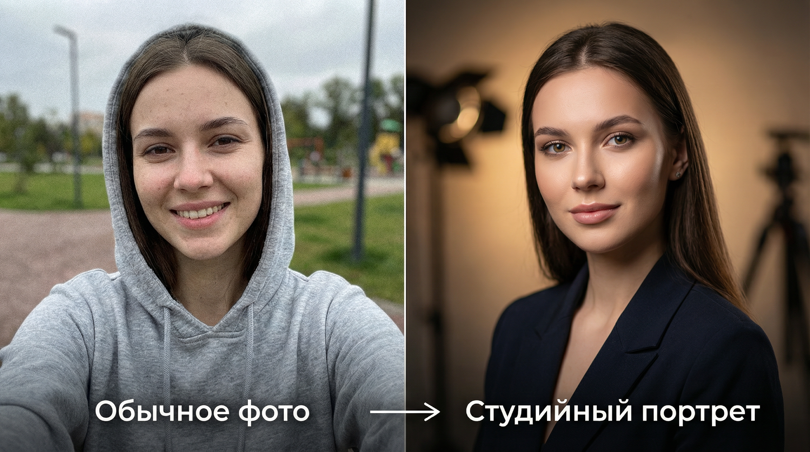 Пример превращения обычного фото в студийный портрет нейросетью